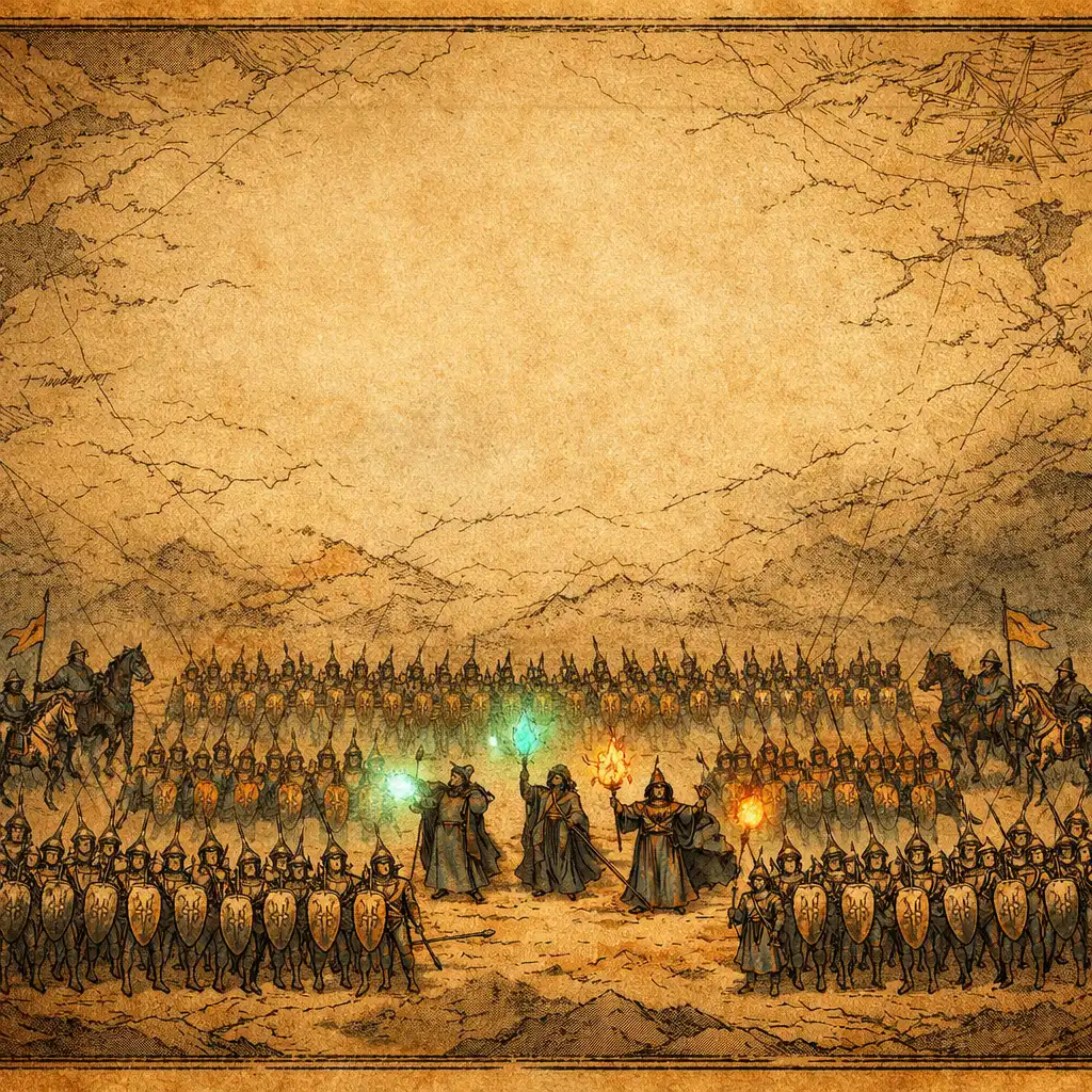Ilustrace fantasy armády s pěšáky, lučištníky, jezdci a mágy v pohledu z ptačí perspektivy