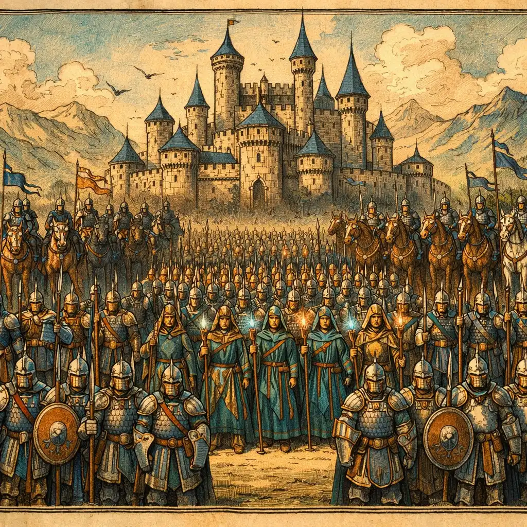 Fantasy armáda v sevřené formaci s pěchotou, lučištníky a jezdectvem před hradem