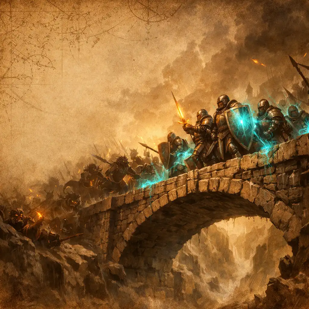 Fantasy bojiště u kamenného mostu, kde obránci s štíty drží linii proti temným tvorům.