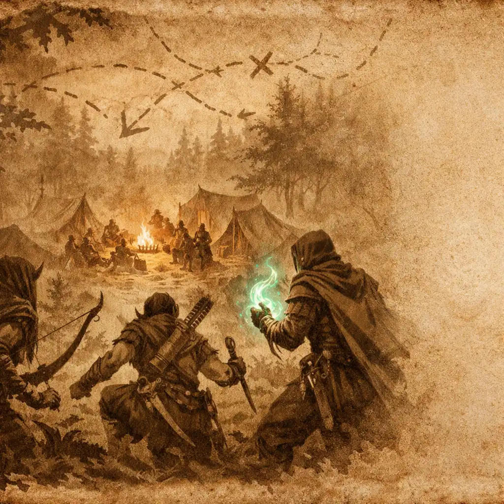 Fantasy přepadení lesního tábora za úsvitu, kde elfští hraničáři a mág překvapují nepřátele.