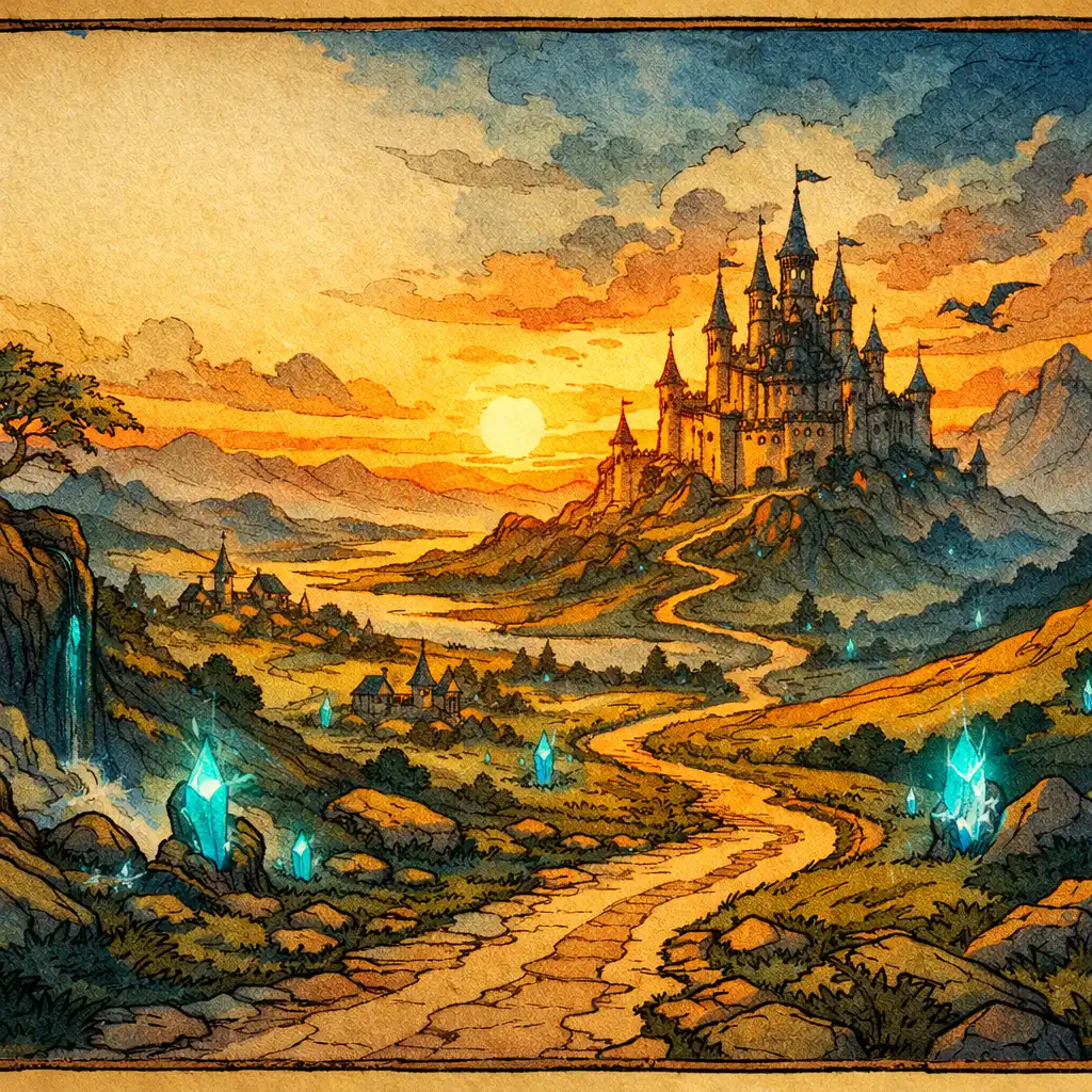 Fantasy krajina s magickým královstvím v dálce a klikatou cestou vedoucí k hradu