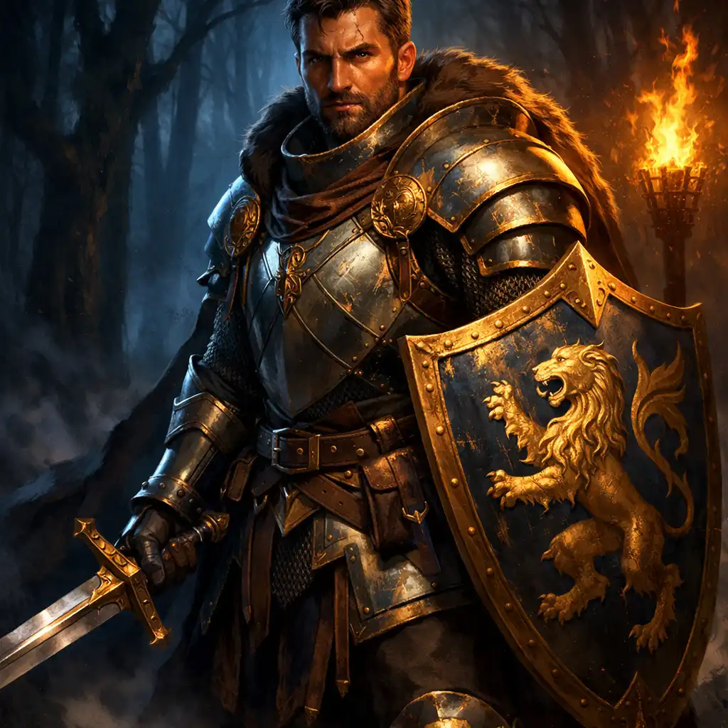 Ilustrace fantasy bojovníka v brnění s mečem a štítem