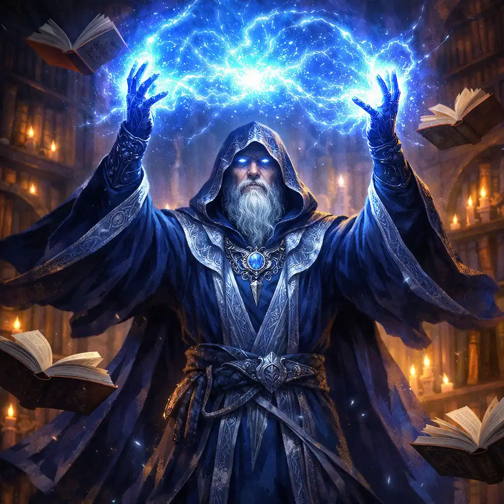 Ilustrace fantasy mága sesílajícího kouzlo s modrou září