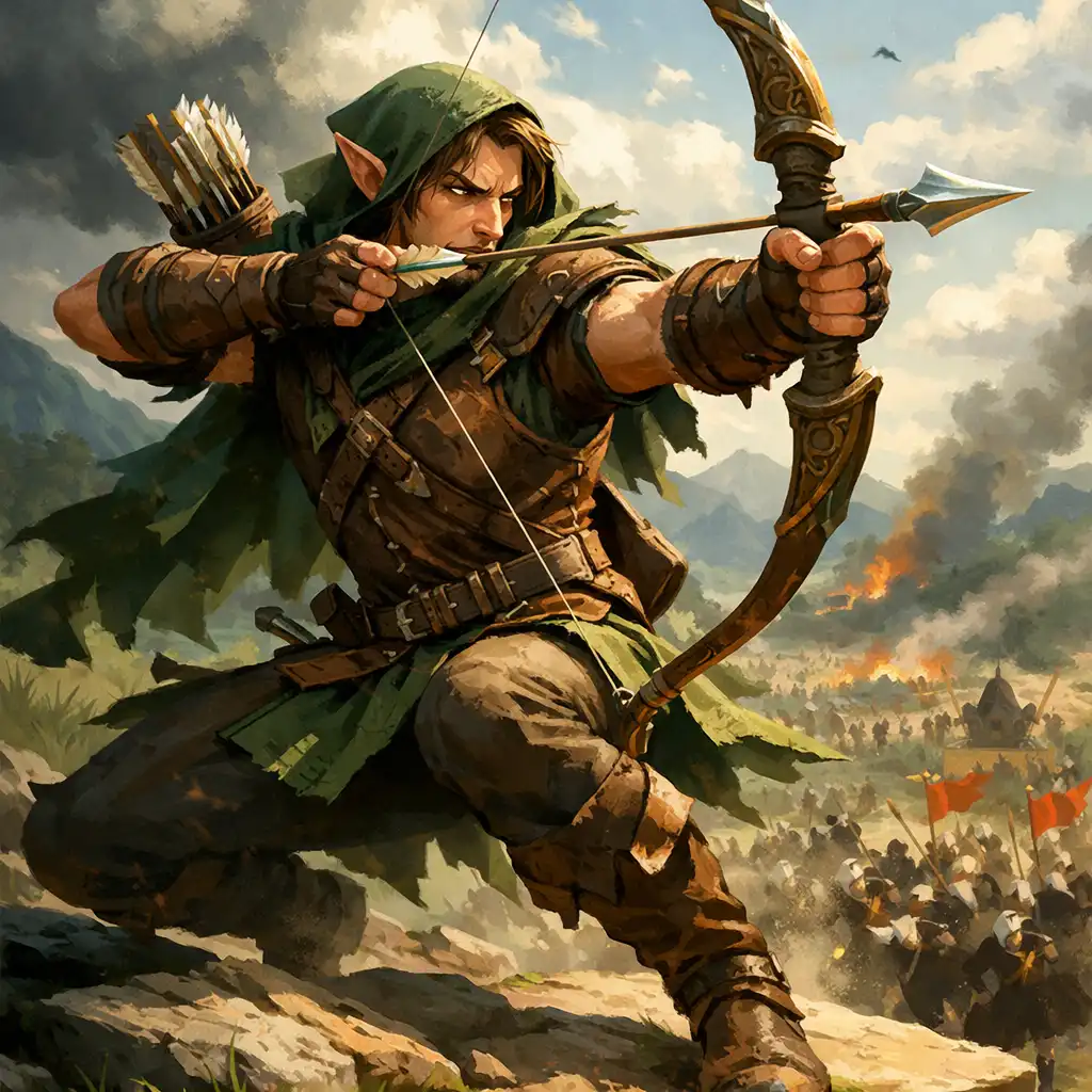 Ilustrace fantasy střelce s lukem při střelbě šípem