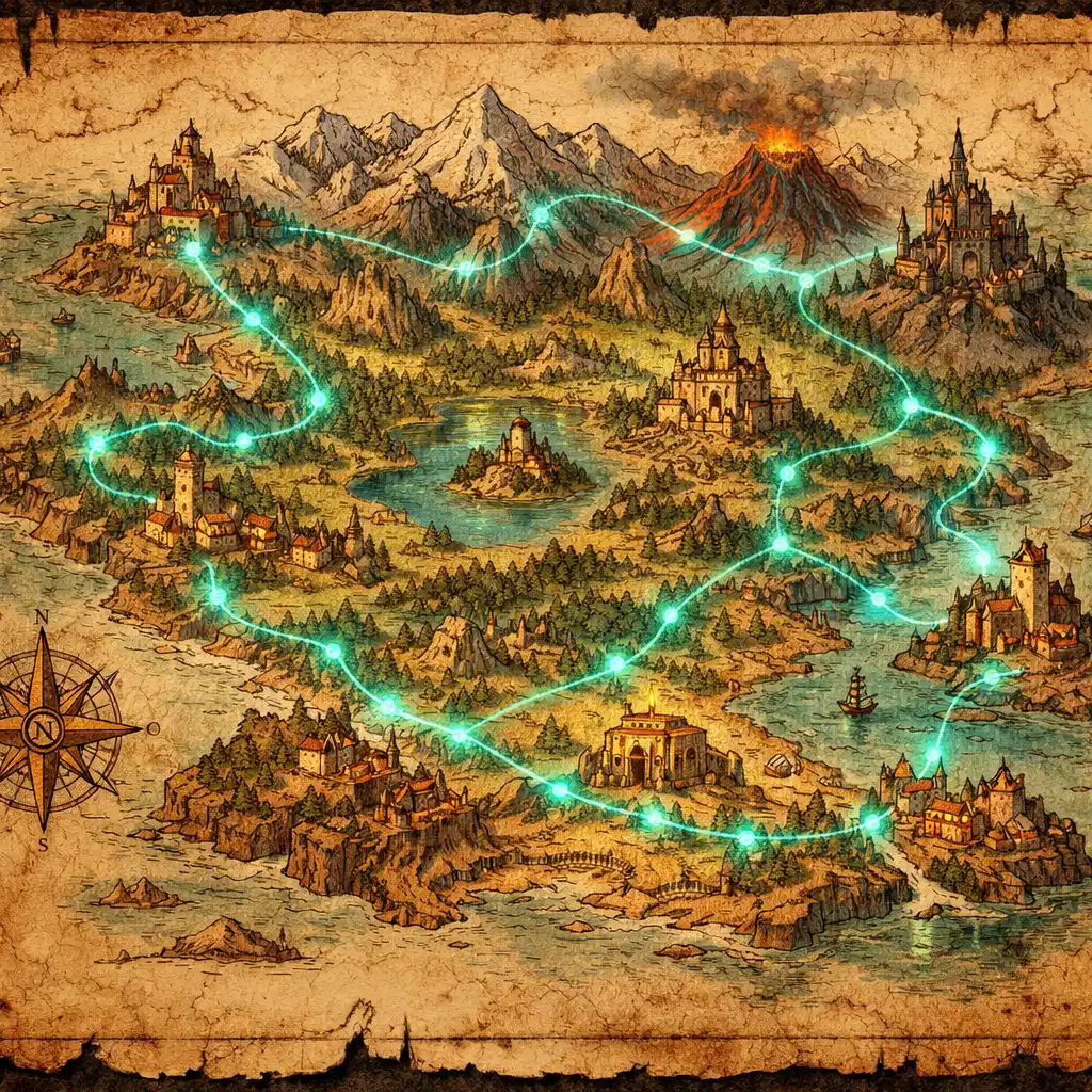Ručně kreslená fantasy mapa světa s turkusovými cestami, horami, lesy a hrady