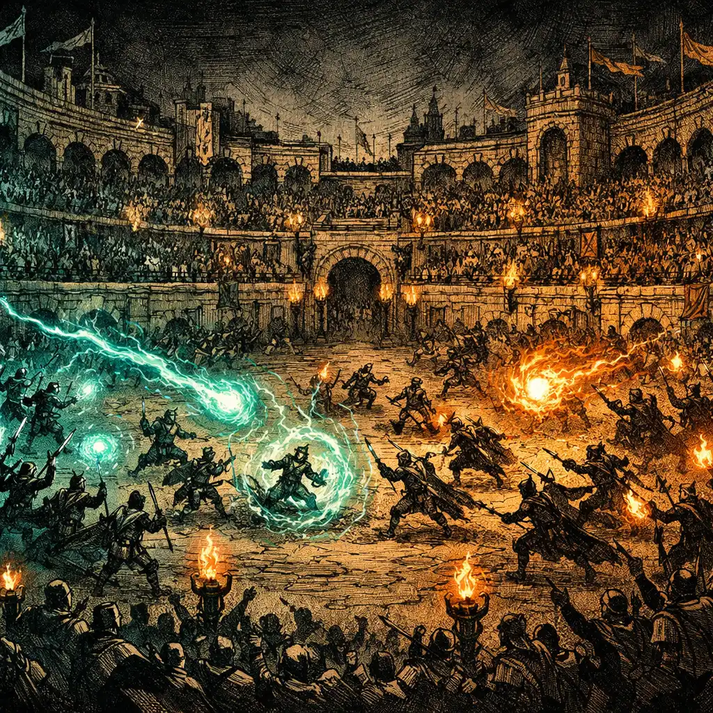Velkolepá fantasy aréna, kde se střetávají dvě armády v PvP bitvě s magickými kouzly